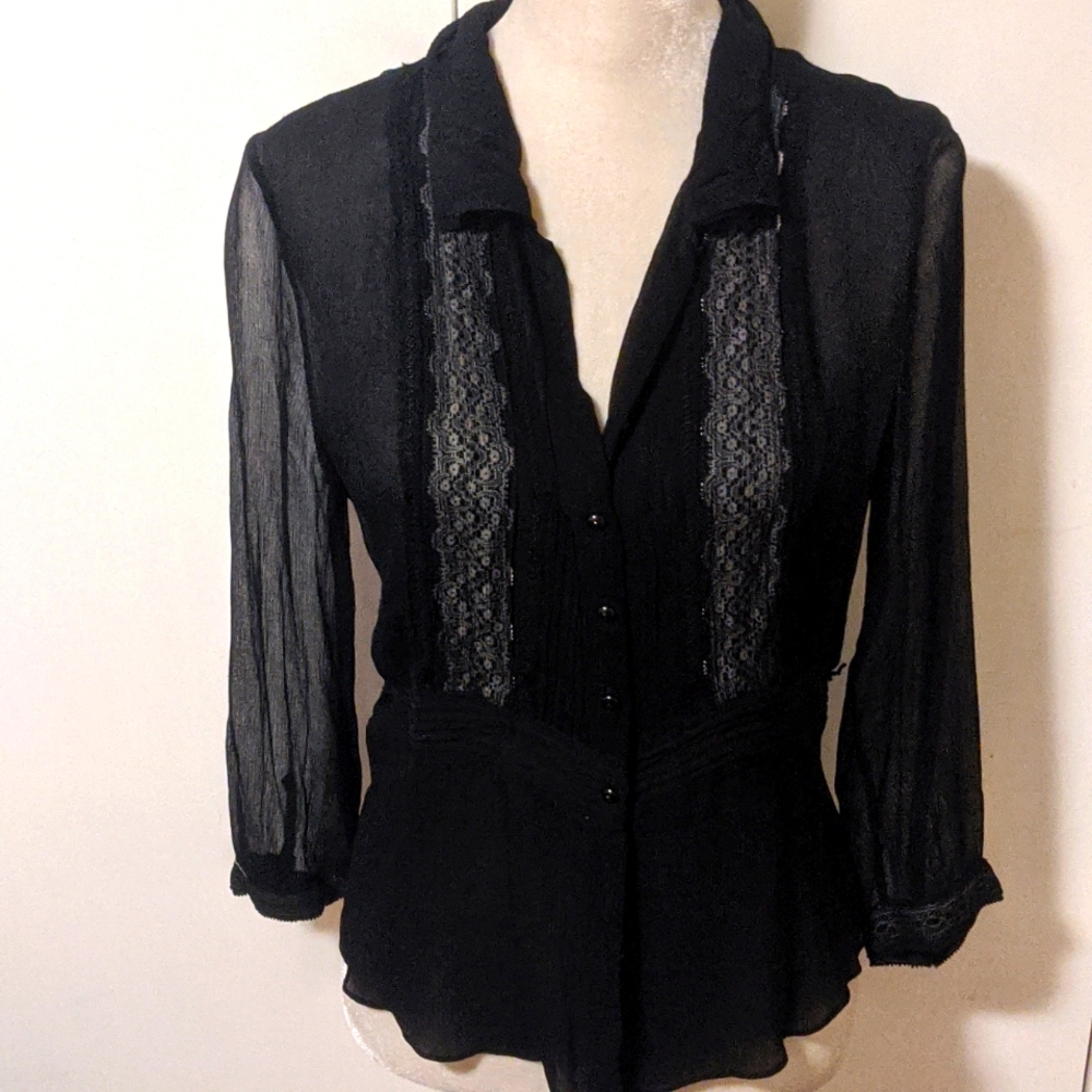 Elie Tahari Silk Tuxedo Fitted Black Shirt w Cream Lace details btwn Silk - Picture 1 of 8